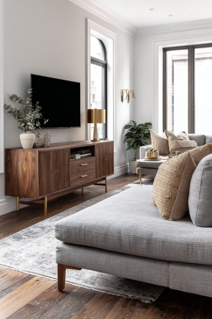 Walnut Credenza and Contemporary Comfort