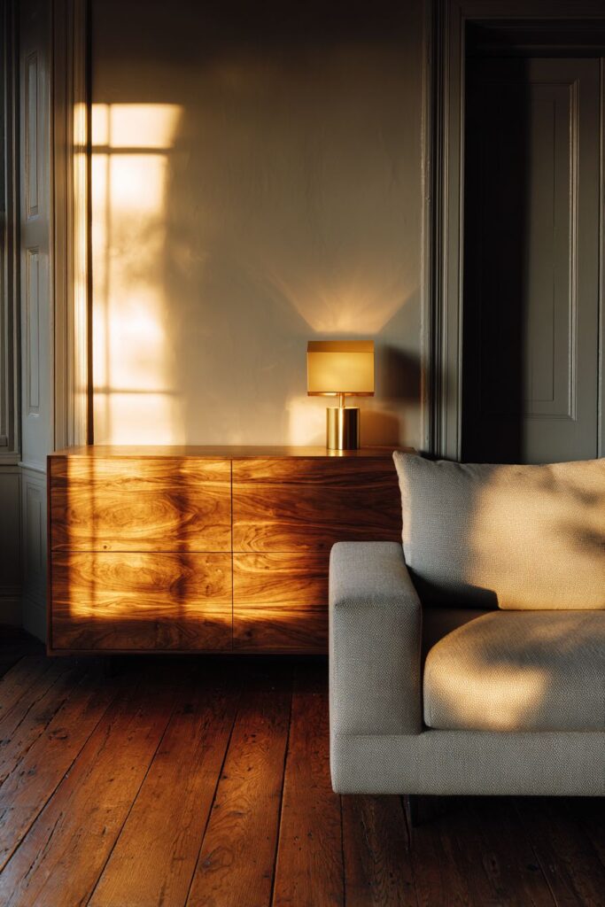 Walnut Credenza and Contemporary Comfort