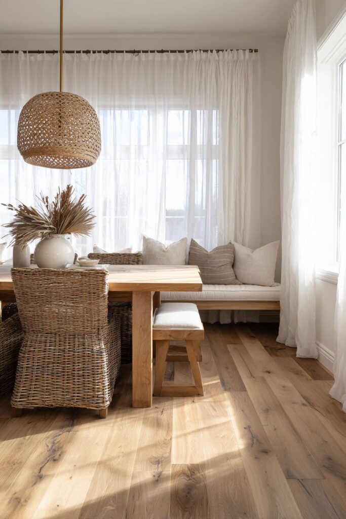 Light Oak Table with Mixed Rattan and Linen Seating
