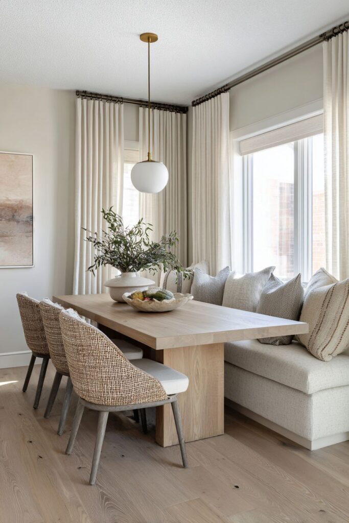 Light Oak Table with Mixed Rattan and Linen Seating