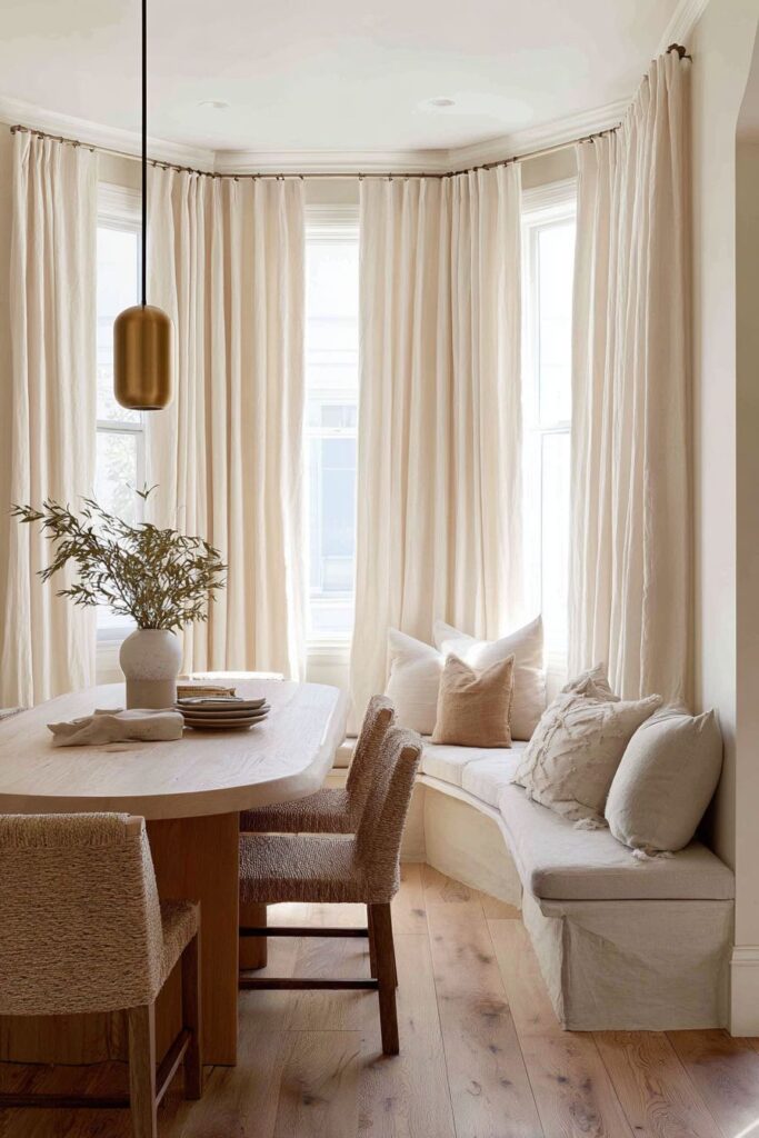 Light Oak Table with Mixed Rattan and Linen Seating
