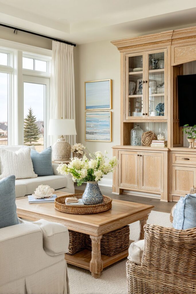 Light Wood Entertainment Center with Sage Green Accents