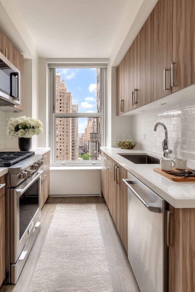 Compact Galley Kitchen Light Maple Efficiency