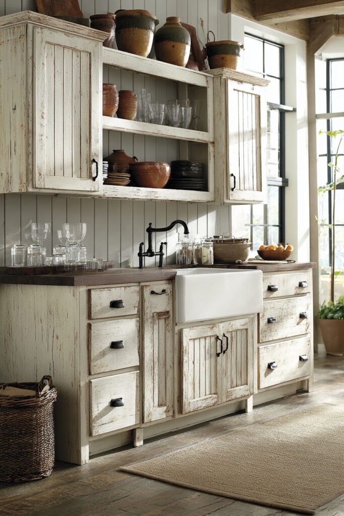 Farmhouse Distressed White Cabinets with Beadboard Details