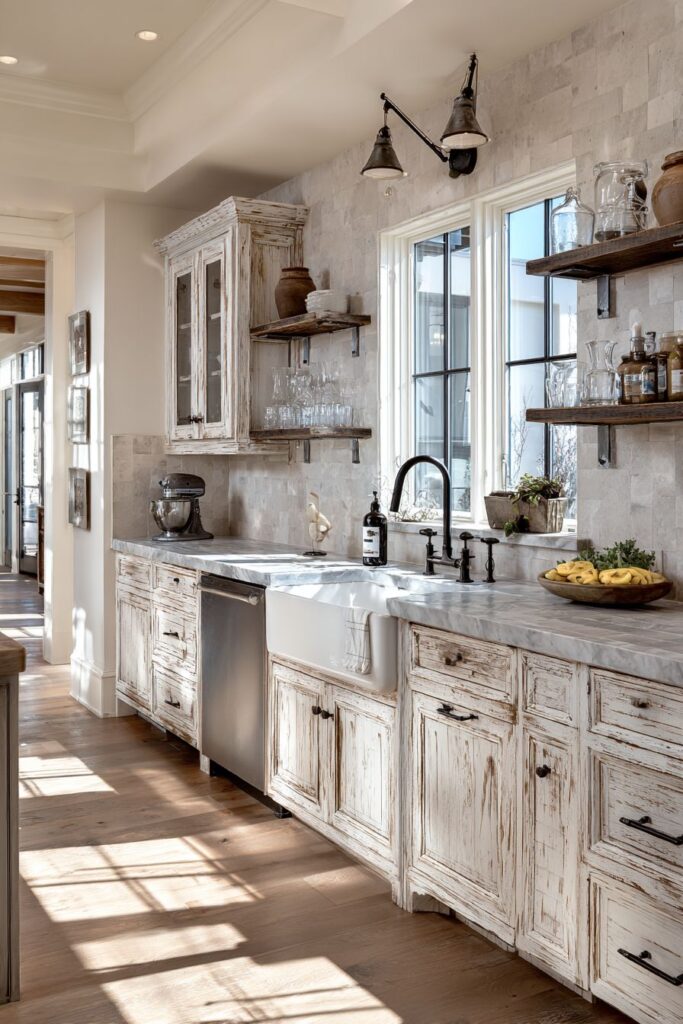 Farmhouse Distressed White Cabinets with Beadboard Details