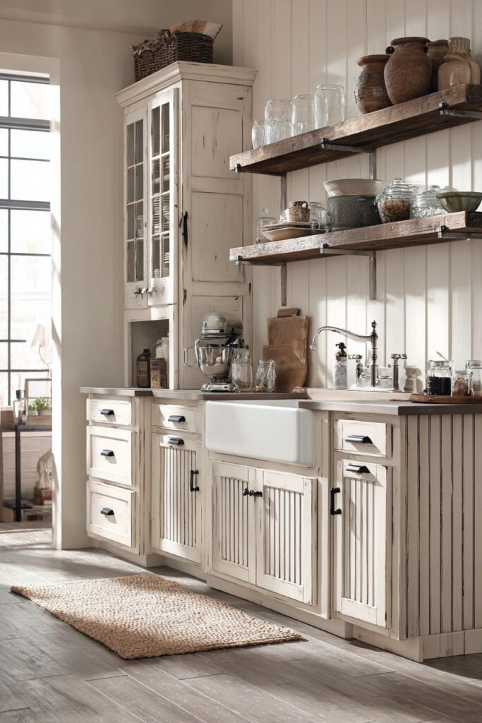 Farmhouse Distressed White Cabinets with Beadboard Details