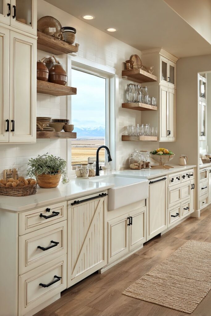 Farmhouse Distressed White Cabinets with Beadboard Details