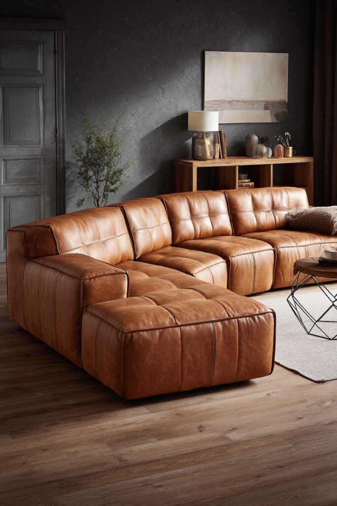 Cognac Leather Sectional Sophistication