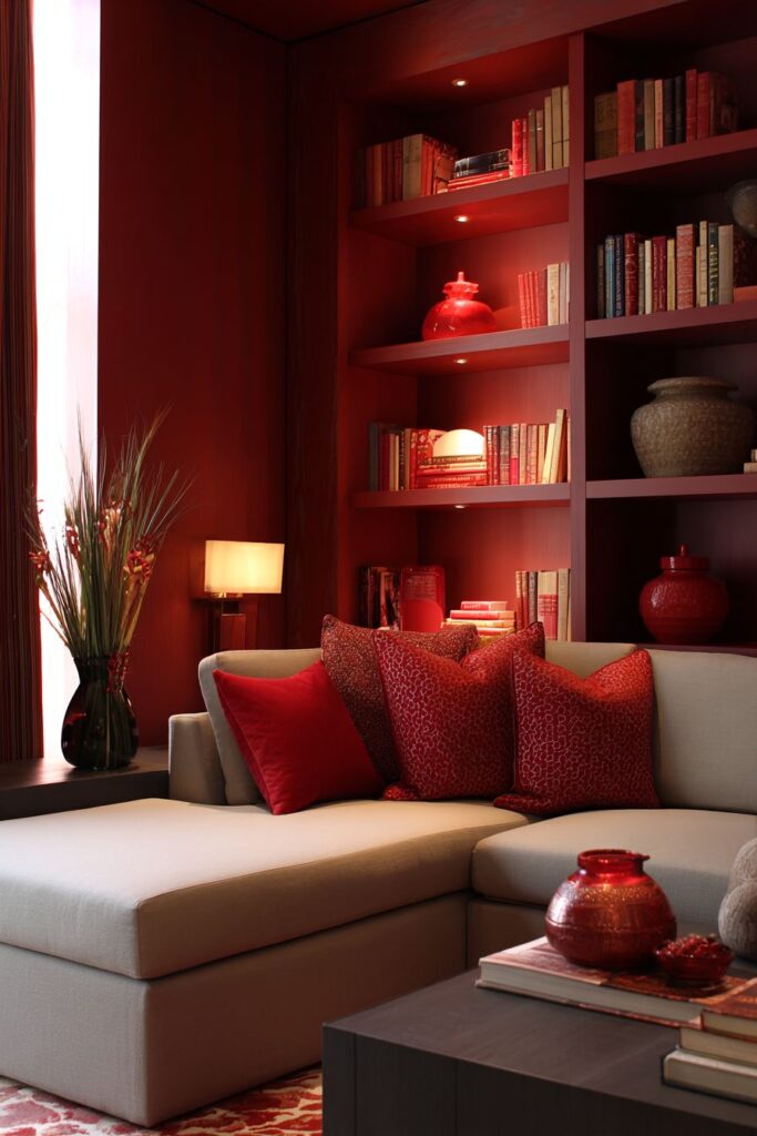 Cozy Cherry Red Built-in Storage Solutions