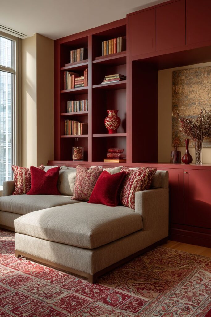 Cozy Cherry Red Built-in Storage Solutions