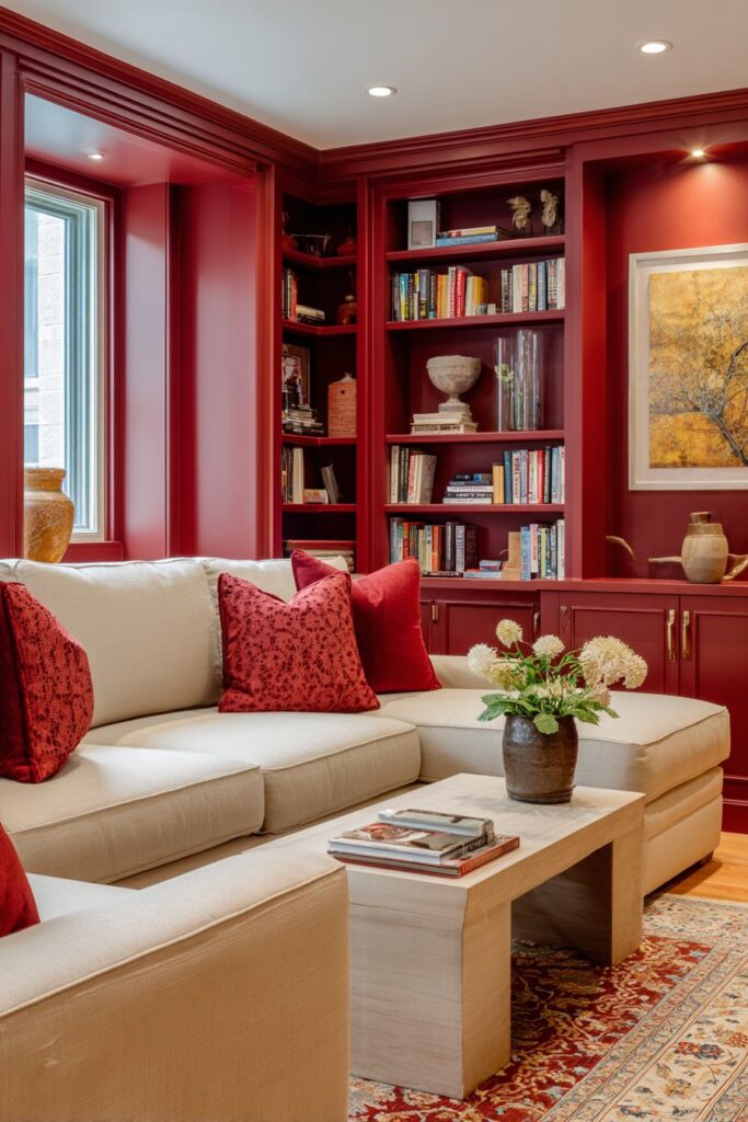 Cozy Cherry Red Built-in Storage Solutions