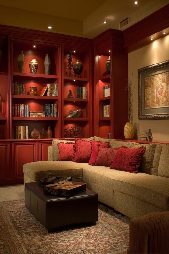 Cozy Cherry Red Built-in Storage Solutions