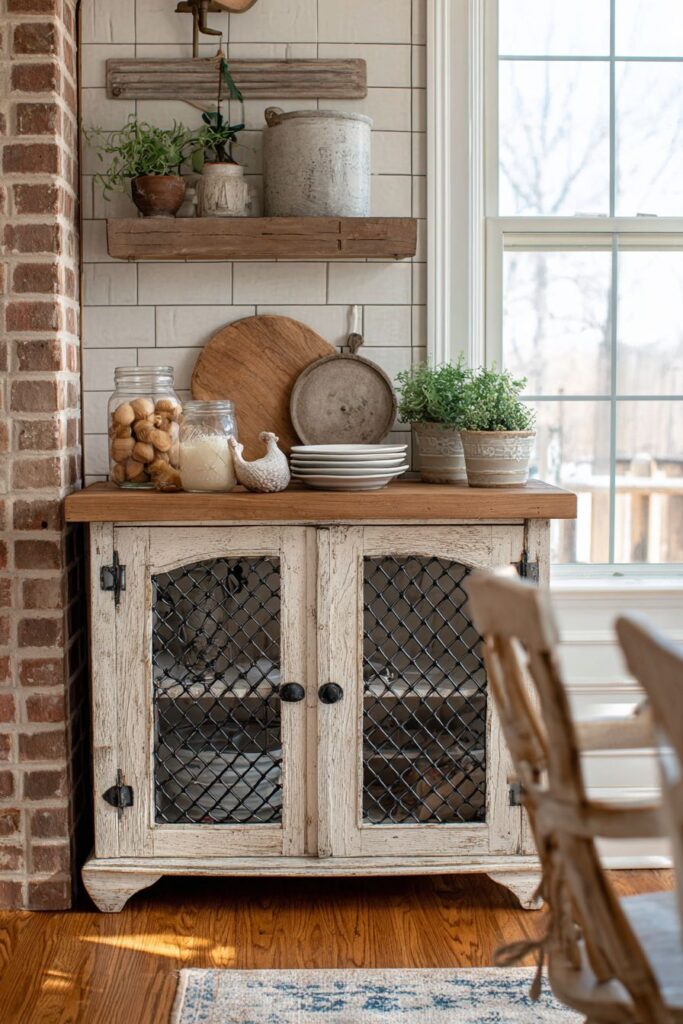 Farmhouse-Style Distressed White Buffet with Chicken Wire Doors