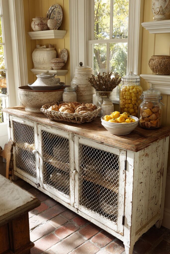 Farmhouse-Style Distressed White Buffet with Chicken Wire Doors