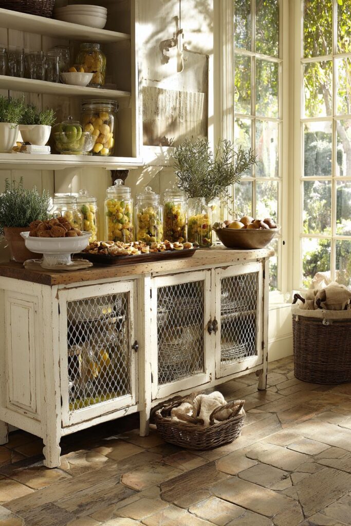 Farmhouse-Style Distressed White Buffet with Chicken Wire Doors