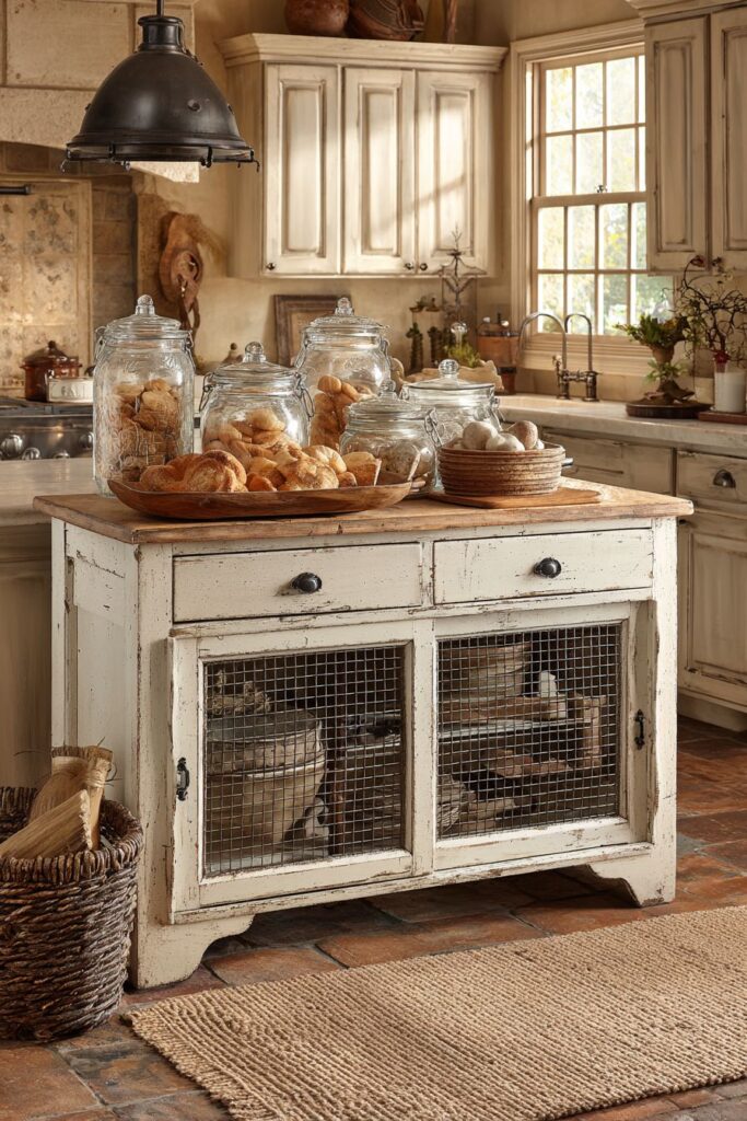 Farmhouse-Style Distressed White Buffet with Chicken Wire Doors