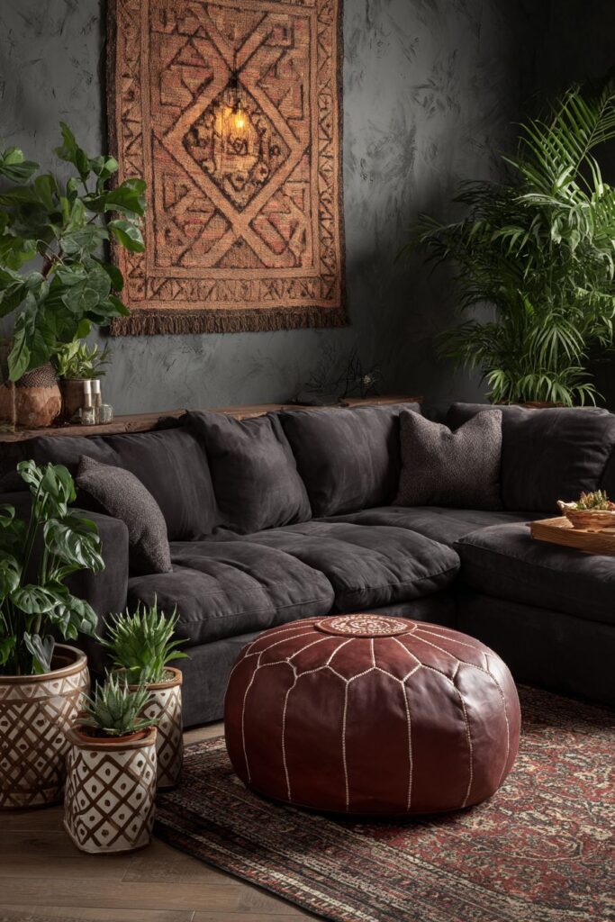 Charcoal Sectional with Moroccan Leather Accents