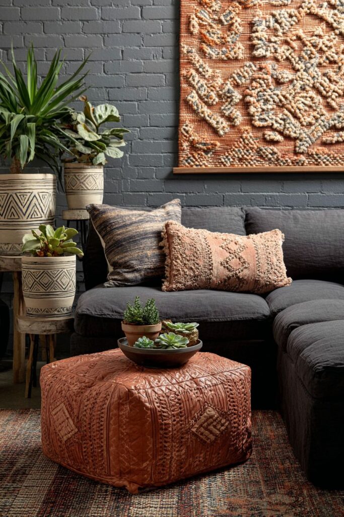 Charcoal Sectional with Moroccan Leather Accents