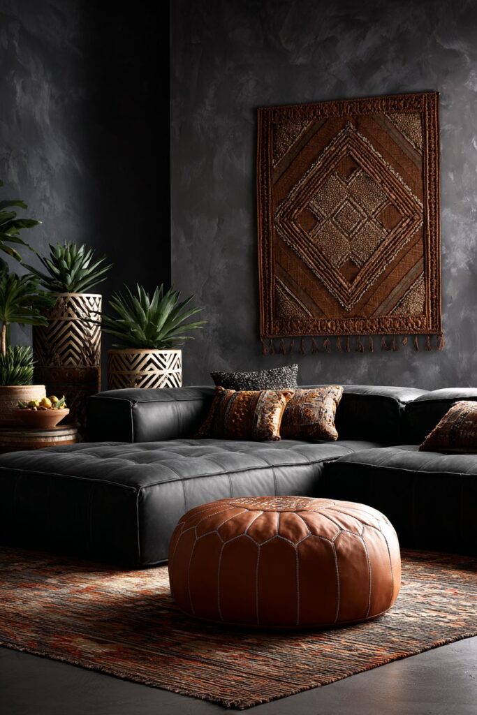 Charcoal Sectional with Moroccan Leather Accents