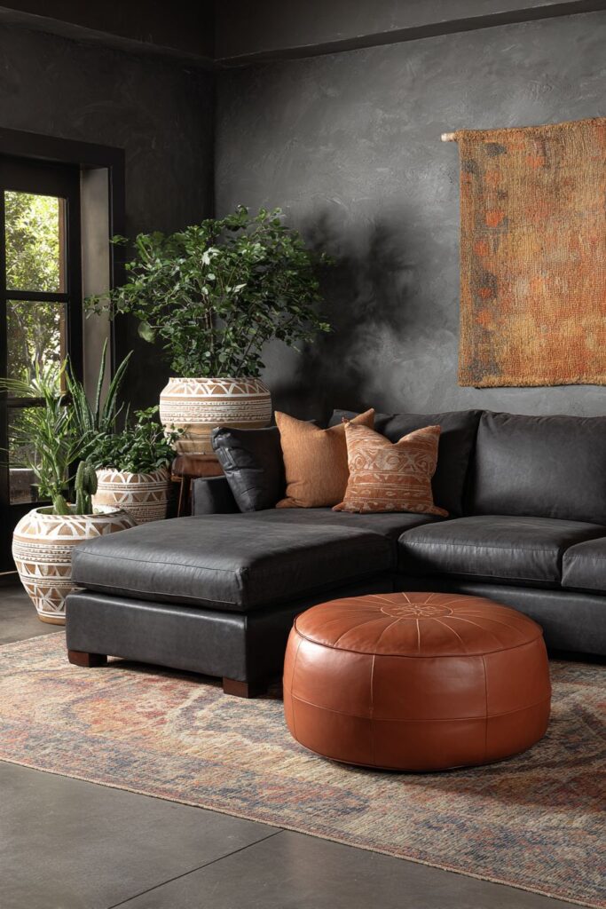 Charcoal Sectional with Moroccan Leather Accents