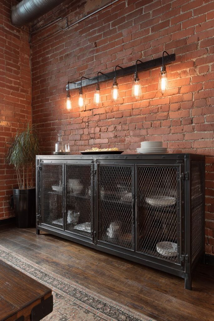 Industrial Black Metal Buffet with Edison Bulb Lighting
