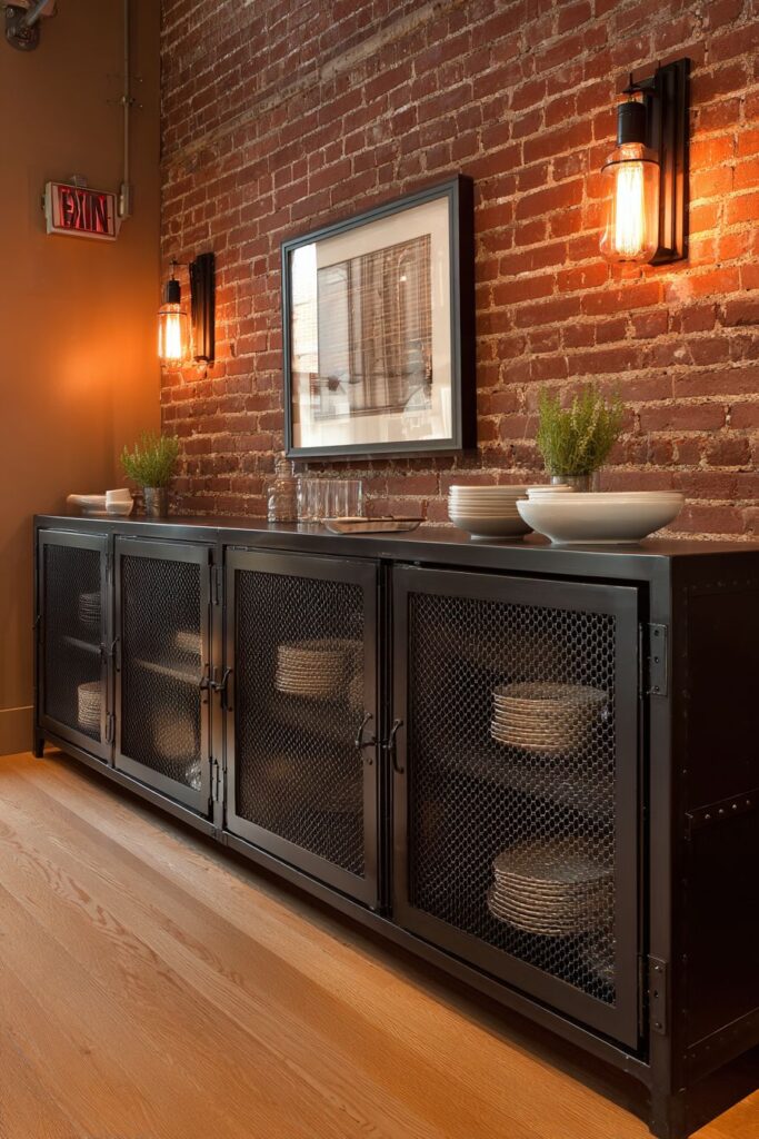 Industrial Black Metal Buffet with Edison Bulb Lighting