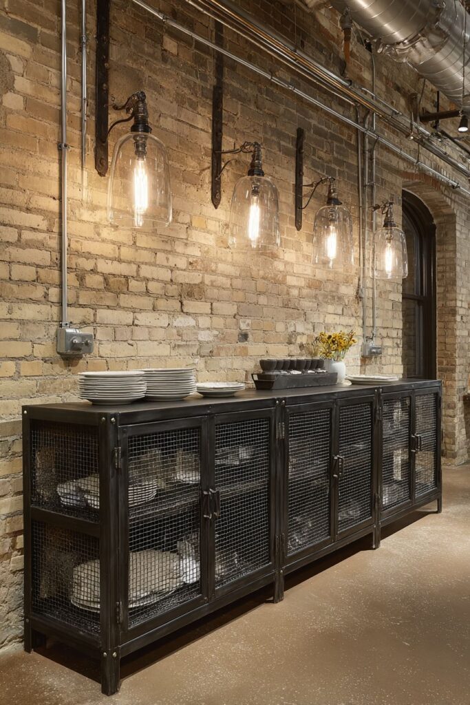 Industrial Black Metal Buffet with Edison Bulb Lighting