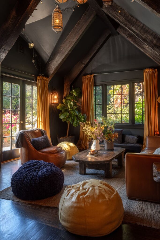 Exposed Beam Living Room with Vintage Leather Accents