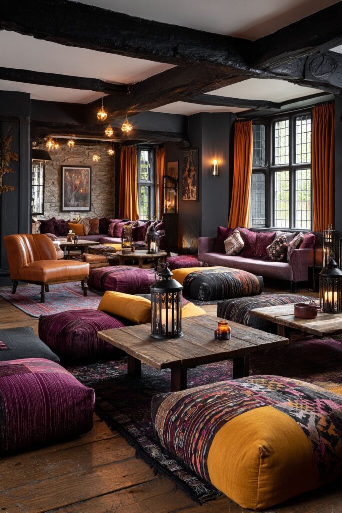Exposed Beam Living Room with Vintage Leather Accents
