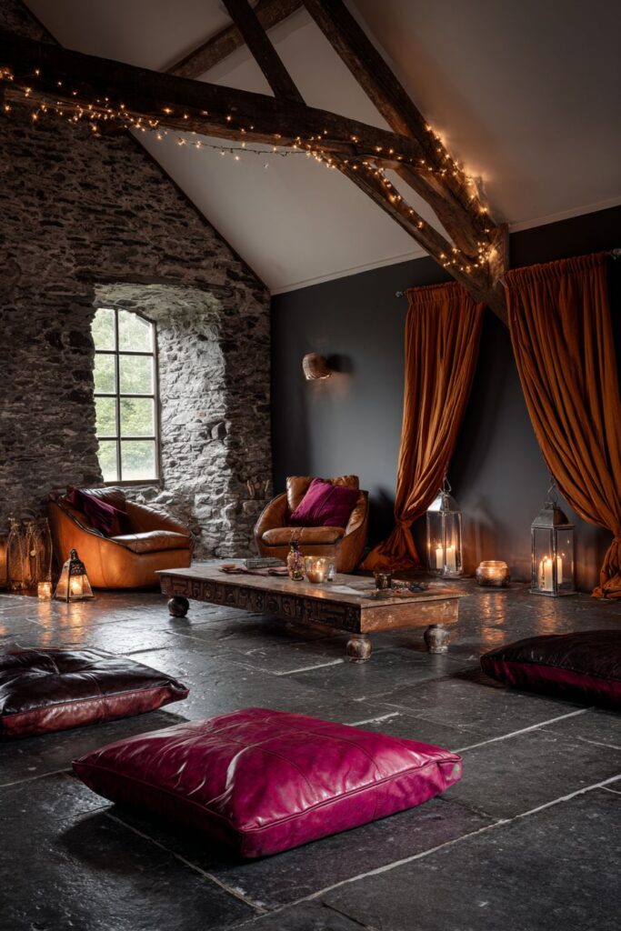 Exposed Beam Living Room with Vintage Leather Accents