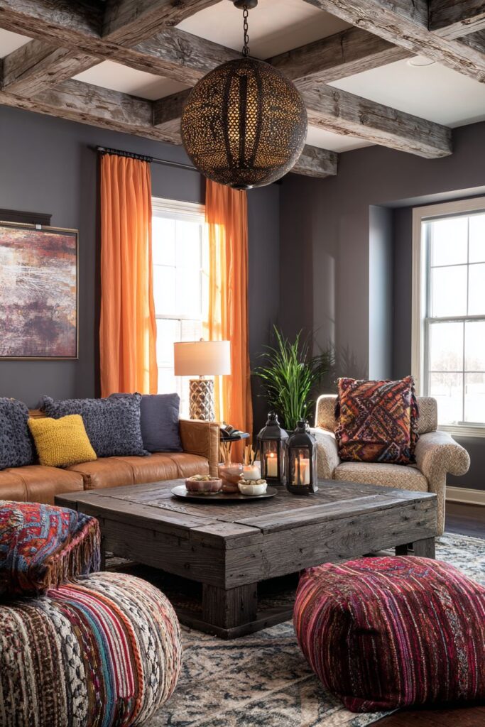 Exposed Beam Living Room with Vintage Leather Accents
