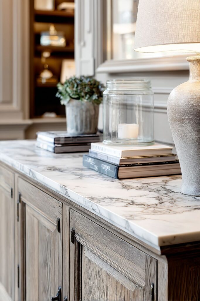 Elegant Grey-Washed Oak Console with Marble Sophistication