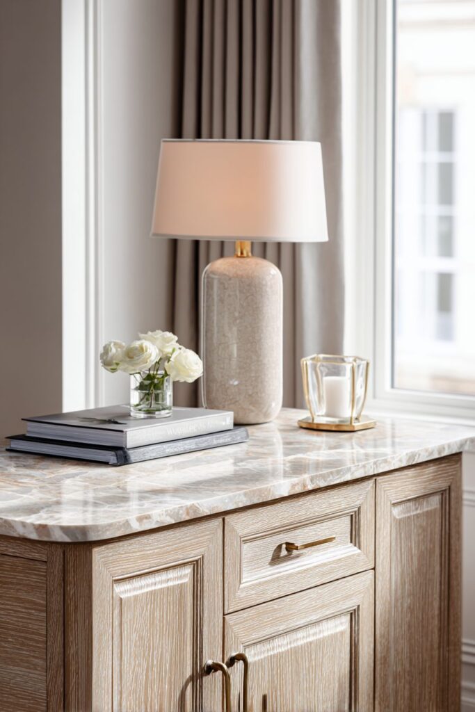 Elegant Grey-Washed Oak Console with Marble Sophistication