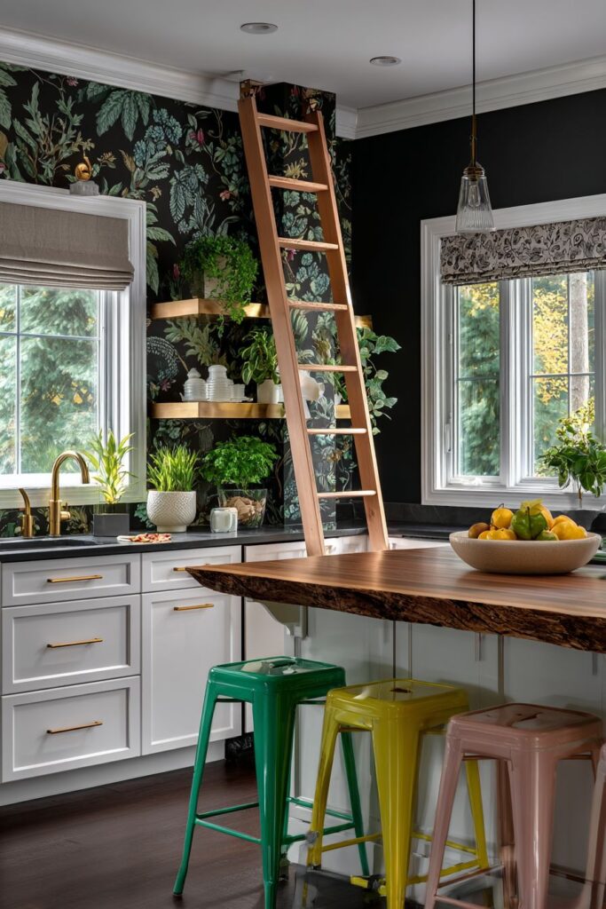 Botanical Wallpaper Accent with Mixed Materials