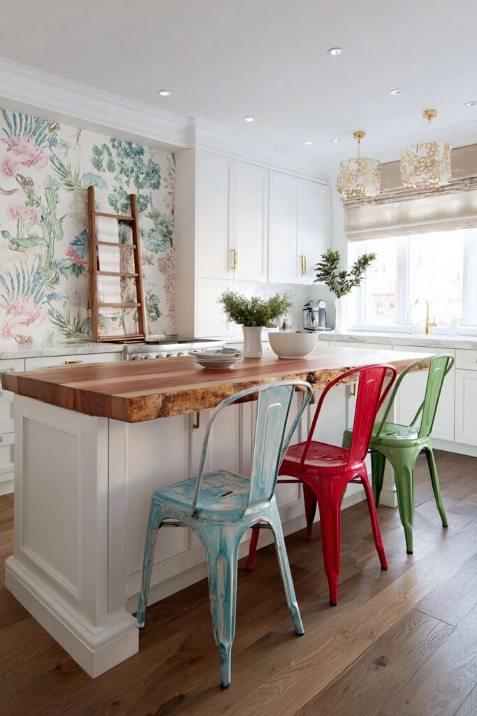 Botanical Wallpaper Accent with Mixed Materials