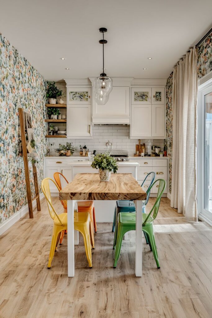 Botanical Wallpaper Accent with Mixed Materials