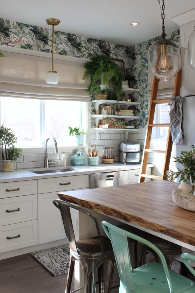 Botanical Wallpaper Accent with Mixed Materials