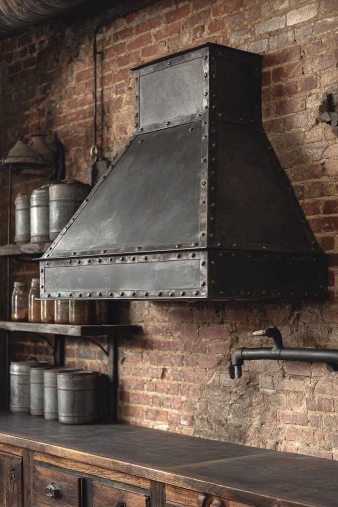 Weathered Steel Range Hood with Exposed Brick