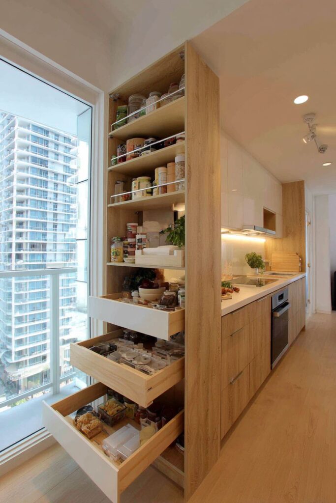  Space-Maximizing Light Oak Floor-to-Ceiling Cabinets
