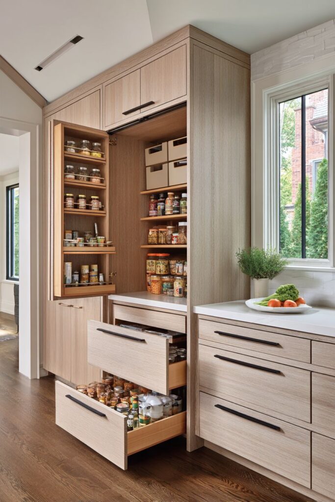  Space-Maximizing Light Oak Floor-to-Ceiling Cabinets