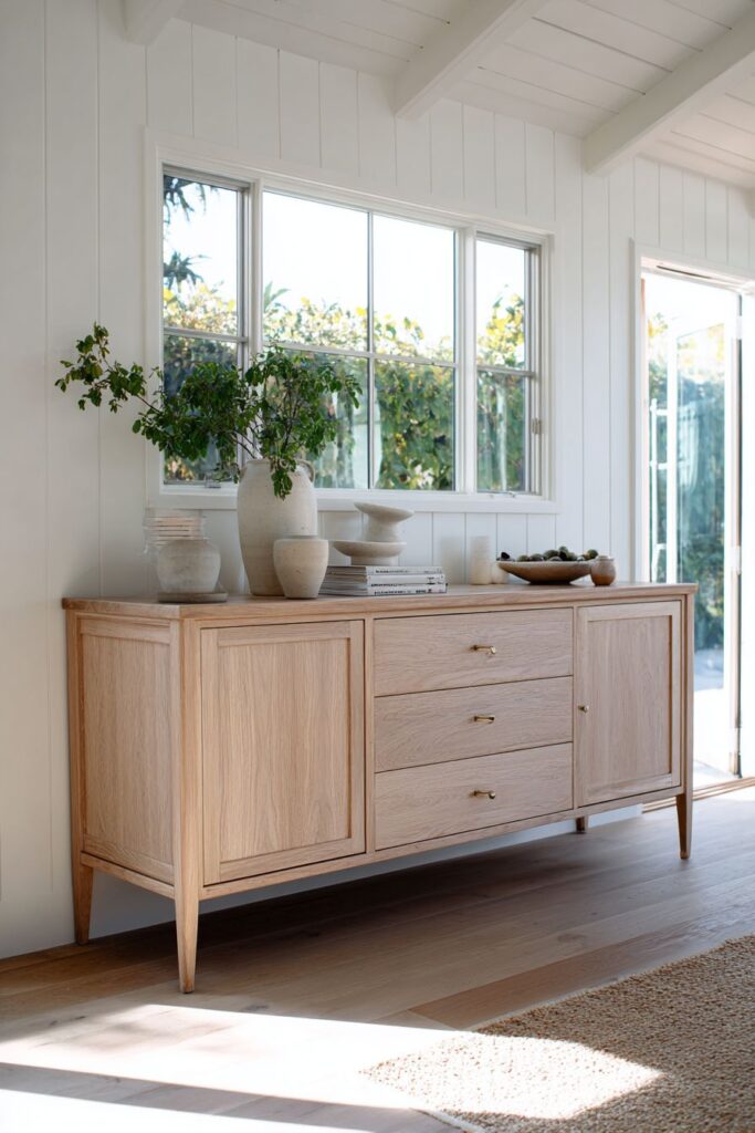 Scandinavian Light Oak Buffet with Brass Hardware