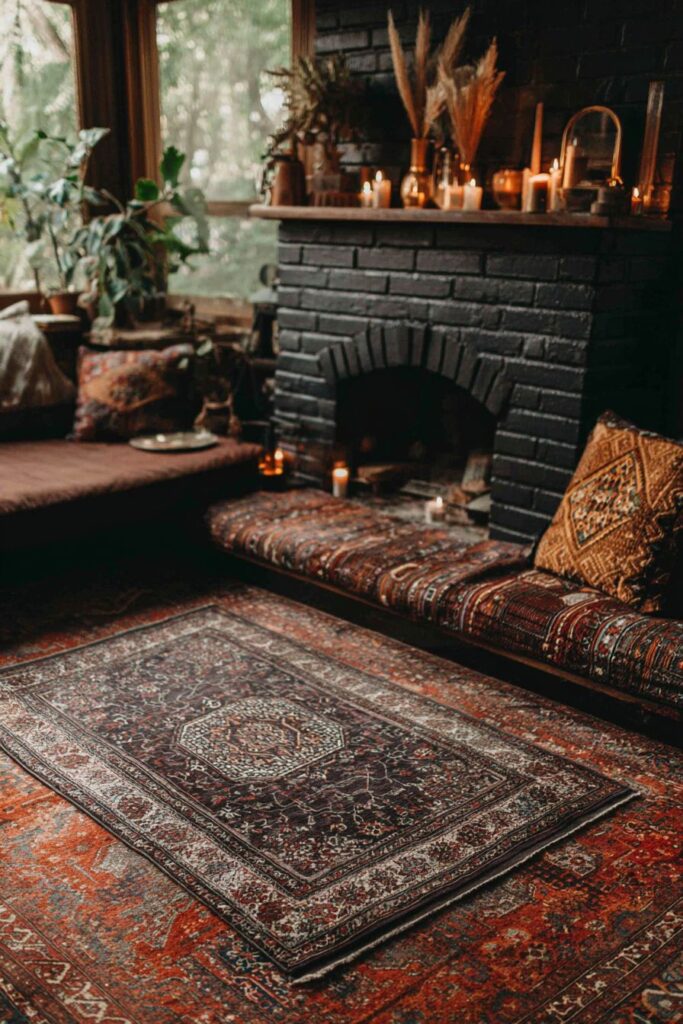 Black Brick Fireplace with Layered Rug Combination