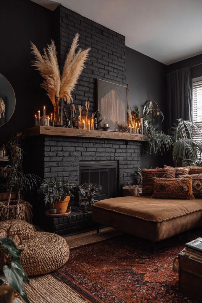 Black Brick Fireplace with Layered Rug Combination