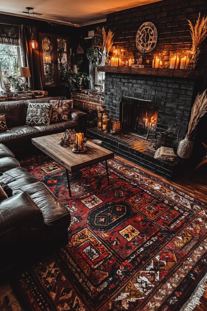 Black Brick Fireplace with Layered Rug Combination
