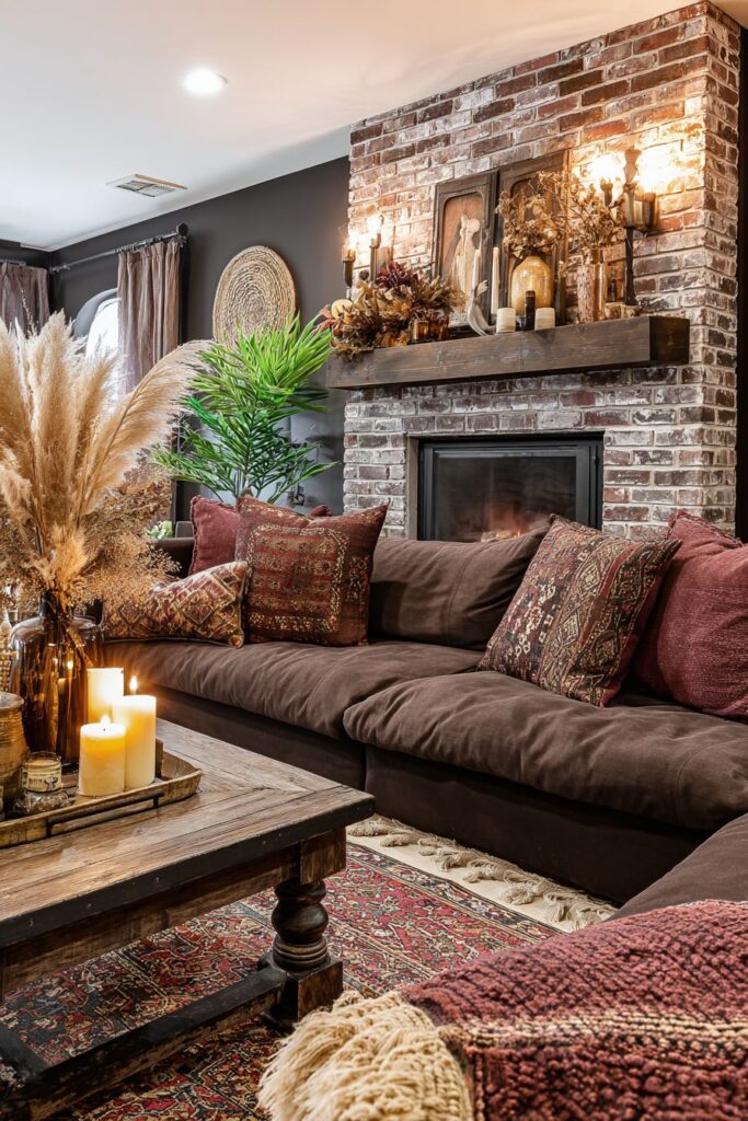 Black Brick Fireplace with Layered Rug Combination