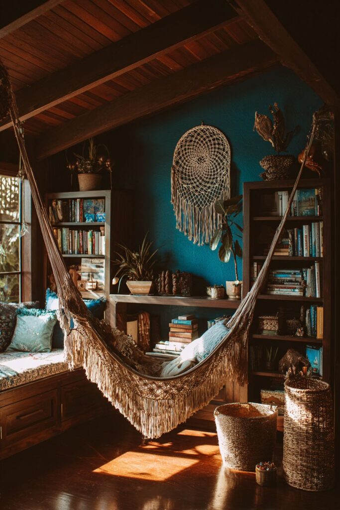 Suspended Macramé Chair with Built-In Shelving