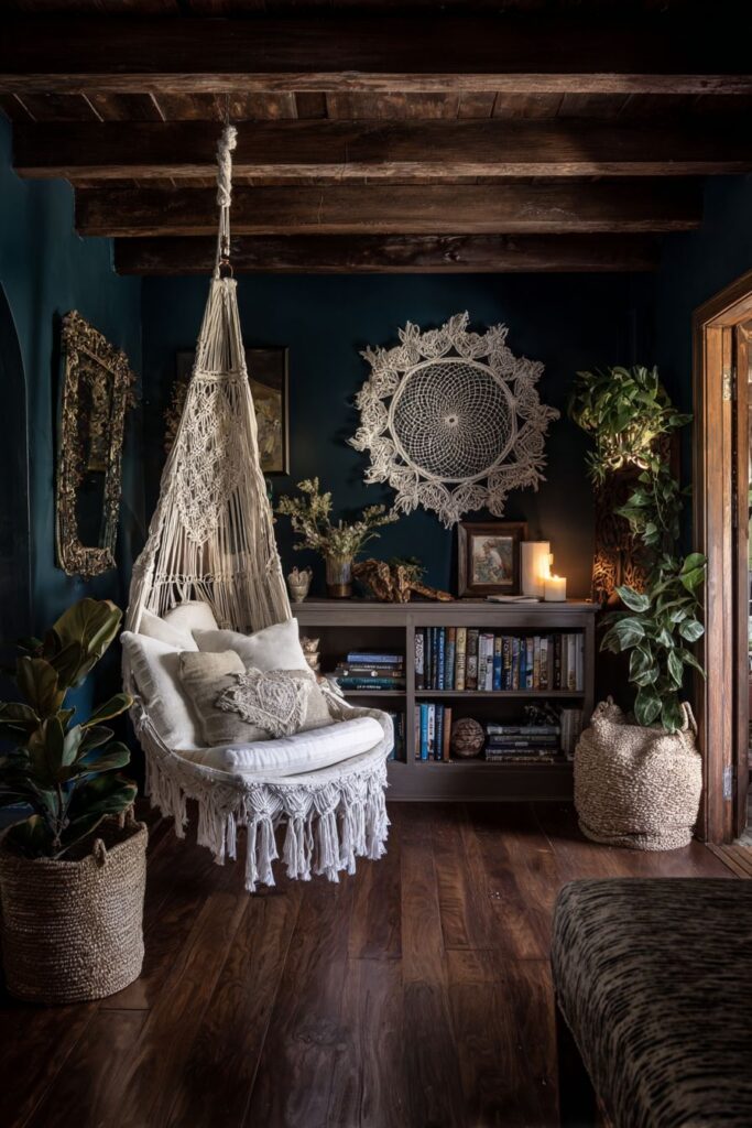 Suspended Macramé Chair with Built-In Shelving