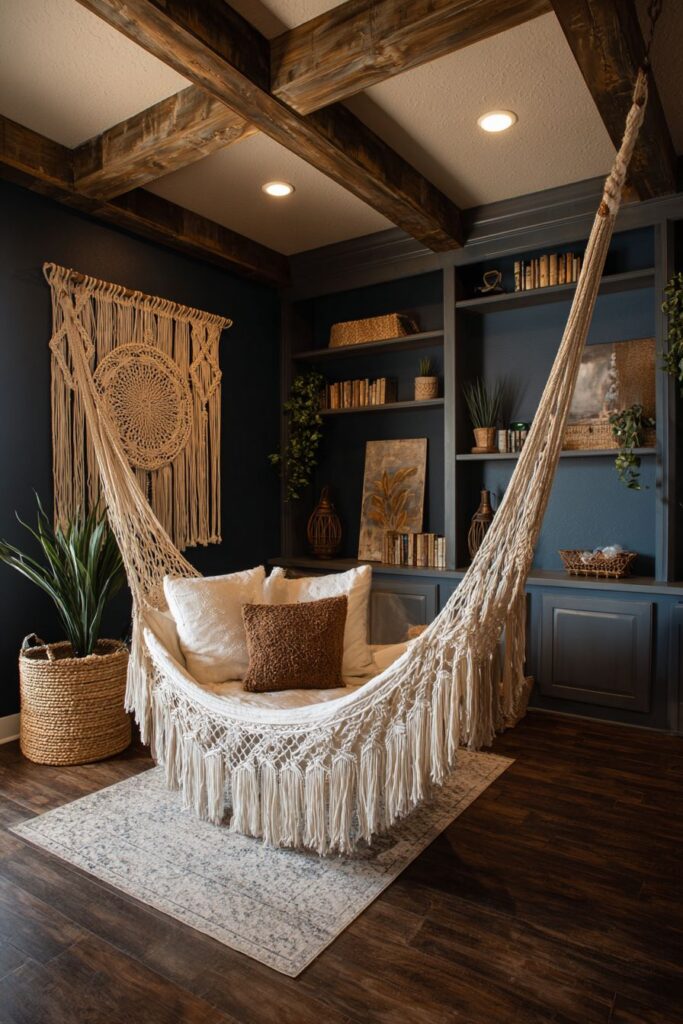 Suspended Macramé Chair with Built-In Shelving