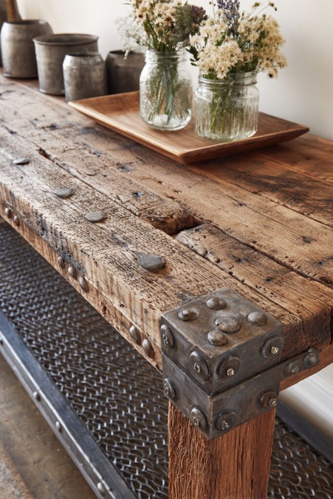 Rustic Barn Wood Console with Industrial Accents