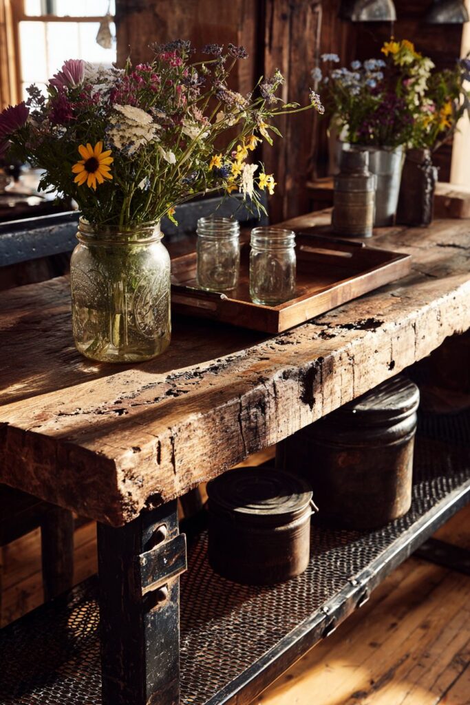 Rustic Barn Wood Console with Industrial Accents